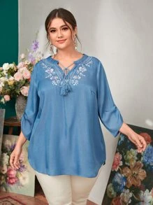 Mulvari Plus Floral & Argyle Embroidery Tie Front Fringe Detail Top - Dusty Blue - View 2