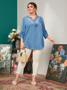 Mulvari Plus Floral & Argyle Embroidery Tie Front Fringe Detail Top - Dusty Blue - View 5