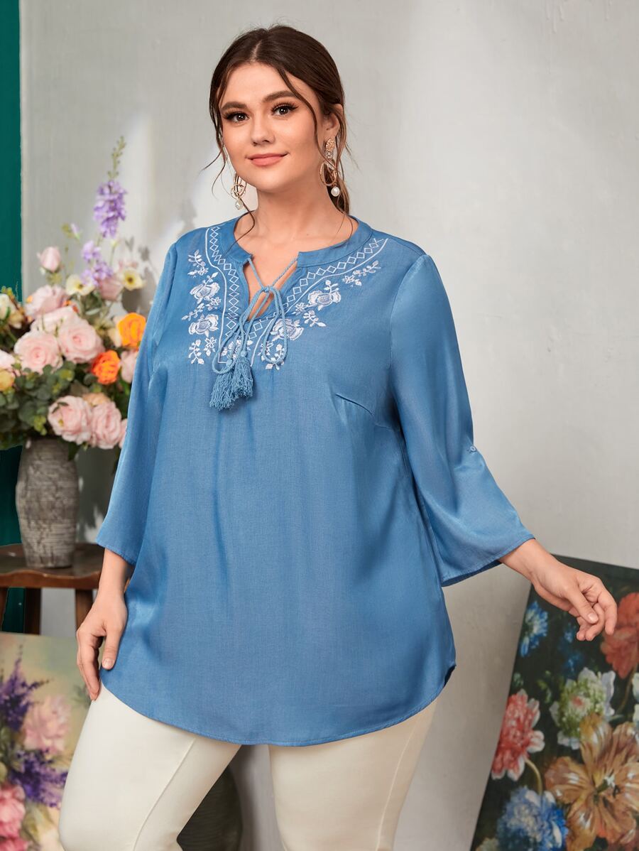 Mulvari Plus Floral & Argyle Embroidery Tie Front Fringe Detail Top - Dusty Blue - View 1