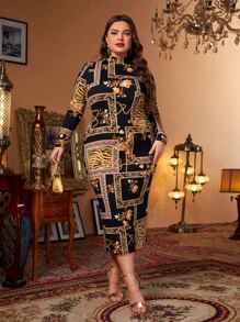 Modelyn Plus Floral And Chain Print Mock Neck Dress Long Evening Dresses - Multicolor - View 2