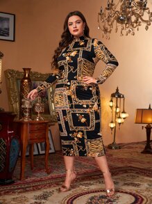 Modelyn Plus Floral And Chain Print Mock Neck Dress Long Evening Dresses - Multicolor - View 1