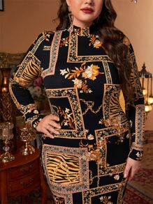 Modelyn Plus Floral And Chain Print Mock Neck Dress Long Evening Dresses - Multicolor - View 5