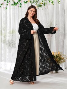 Al Najma Plus Floral Open Front Abaya - Black - View 3