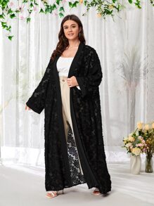 Al Najma Plus Floral Open Front Abaya - Black - View 5