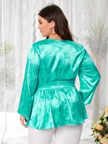 Mulvari Plus Lantern Sleeve Buttoned Front Jacquard Peplum Top - Green - View 3