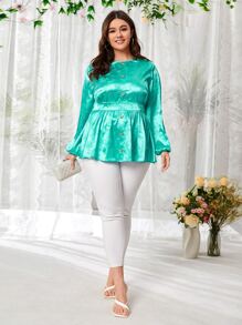 Mulvari Plus Lantern Sleeve Buttoned Front Jacquard Peplum Top - Green - View 1