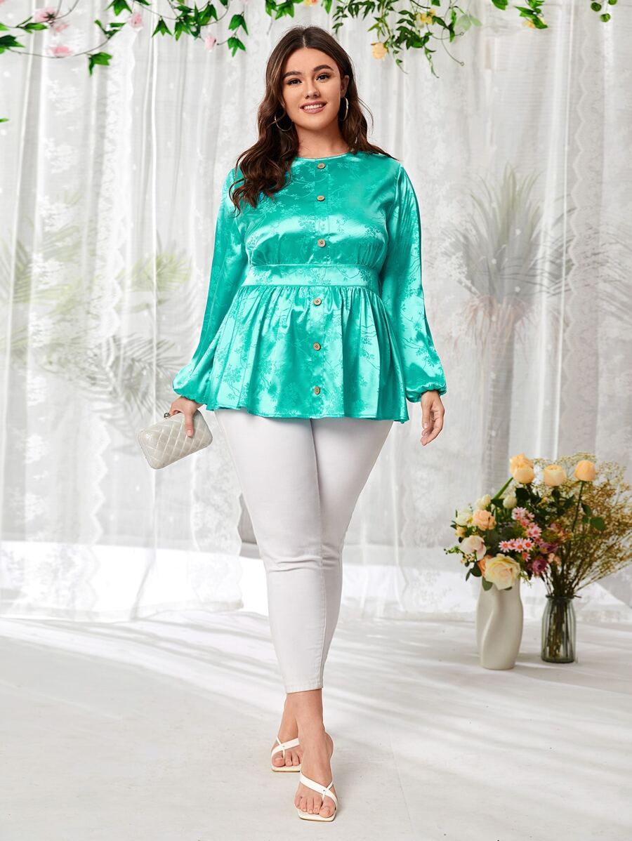 Mulvari Plus Lantern Sleeve Buttoned Front Jacquard Peplum Top - Green - View 1