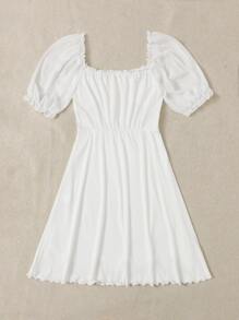 SHEIN Puff Sleeve Tie Front Frill Trim Dress - White - View 2