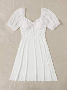 SHEIN Puff Sleeve Tie Front Frill Trim Dress - White - View 3