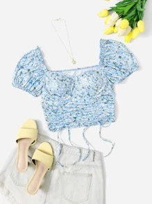 SHEIN Qutie Cottagecore Ditsy Floral Ruched Drawstring Knot Puff Sleeve Top - Multicolor - View 1