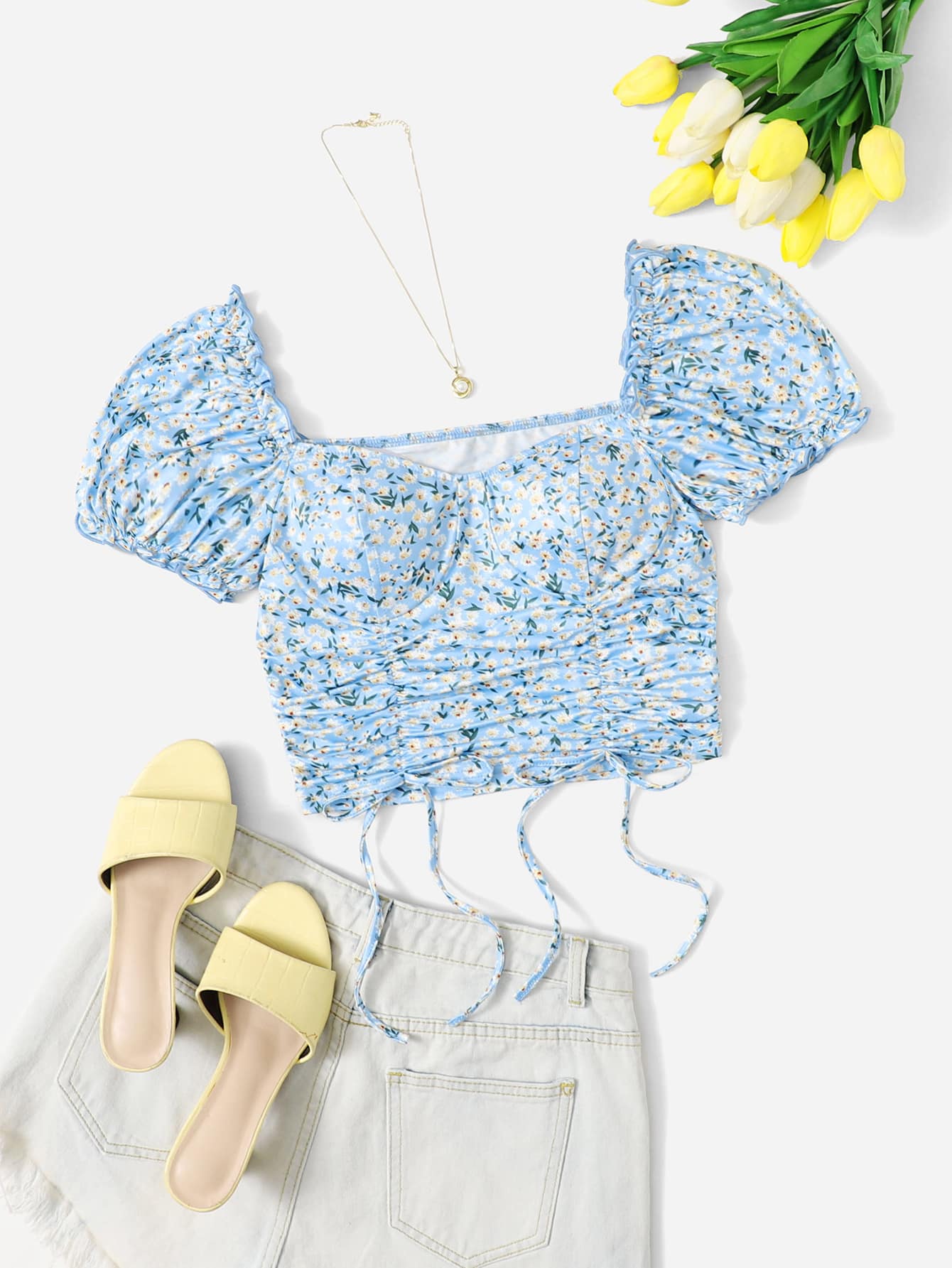 SHEIN Qutie Cottagecore Ditsy Floral Ruched Drawstring Knot Puff Sleeve Top - Multicolor - View 1