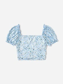 SHEIN Qutie Cottagecore Ditsy Floral Ruched Drawstring Knot Puff Sleeve Top - Multicolor - View 2
