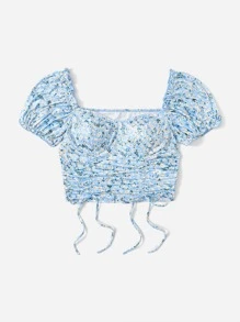 SHEIN Qutie Cottagecore Ditsy Floral Ruched Drawstring Knot Puff Sleeve Top - Multicolor - View 3