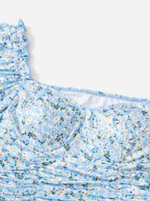 SHEIN Qutie Cottagecore Ditsy Floral Ruched Drawstring Knot Puff Sleeve Top - Multicolor - View 4