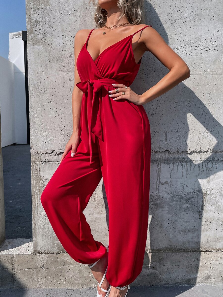SHEIN Unity Surplice Neck Belted Cami Jumpsuit - Burgundy - View 1