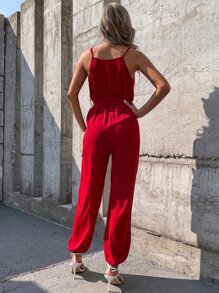 SHEIN Unity Surplice Neck Belted Cami Jumpsuit - Burgundy - View 2