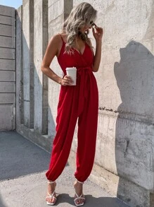 SHEIN Unity Surplice Neck Belted Cami Jumpsuit - Burgundy - View 3