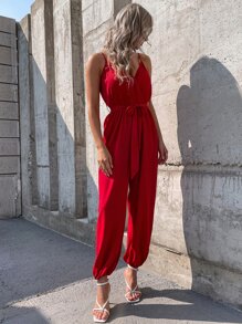 SHEIN Unity Surplice Neck Belted Cami Jumpsuit - Burgundy - View 5