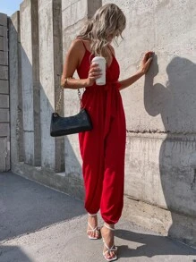 SHEIN Unity Surplice Neck Belted Cami Jumpsuit - Burgundy - View 6