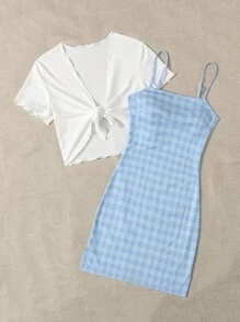 Muchica 针织纯色T恤和吊带裙套装 - 藍白色 - 查看 3