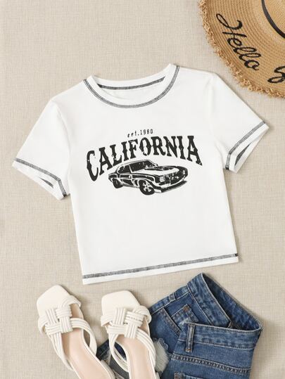 Bikercore Car & Letter Graphic Crop Top