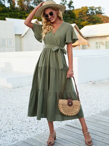 Breezaya Butterfly Sleeve Ruffle Hem Belted Dress - Army Green - View 1