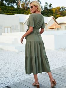 Breezaya Butterfly Sleeve Ruffle Hem Belted Dress - Army Green - View 2