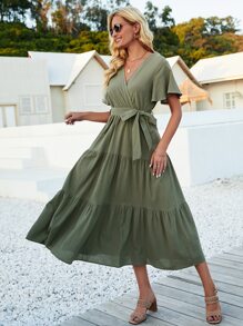 Breezaya Butterfly Sleeve Ruffle Hem Belted Dress - Army Green - View 5