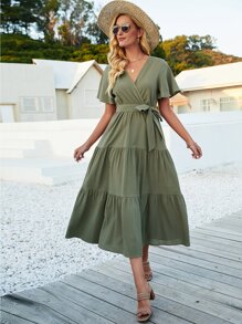 Breezaya Butterfly Sleeve Ruffle Hem Belted Dress - Army Green - View 6