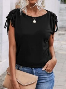 Áo thun nữ Dây kéo màu trơn Giải trí - màu đen - Xem 1