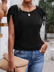 Áo thun nữ Dây kéo màu trơn Giải trí - màu đen - Xem 4