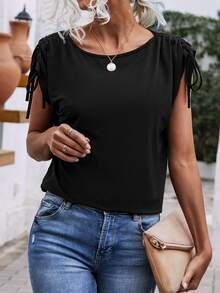 Áo thun nữ Dây kéo màu trơn Giải trí - màu đen - Xem 6