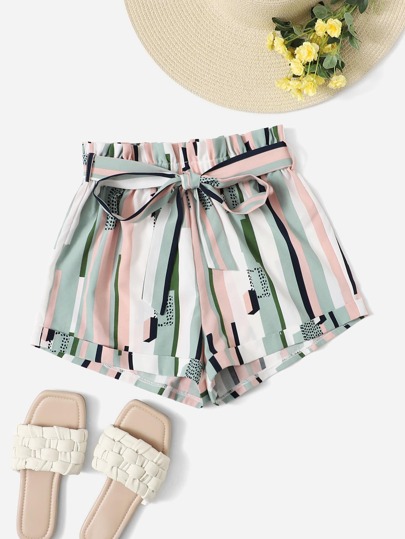 Striped Paper Bag Waist Belted Shorts
