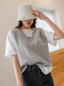 DAZY Áo dệt kim nữ Đắp vá Túi Lá thư Giải trí - Xám - Xem 1