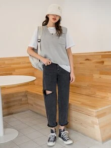 DAZY Áo dệt kim nữ Đắp vá Túi Lá thư Giải trí - Xám - Xem 4