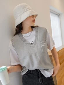 DAZY Áo dệt kim nữ Đắp vá Túi Lá thư Giải trí - Xám - Xem 7