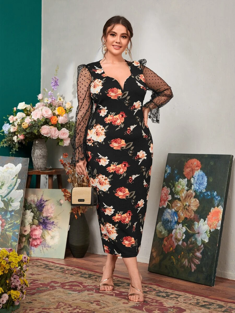 Modelyn Đầm Plus Size Tương phản Mesh Xù cắt Hoa Tất cả trên in Thanh lịch - Nhiều màu - Xem 1