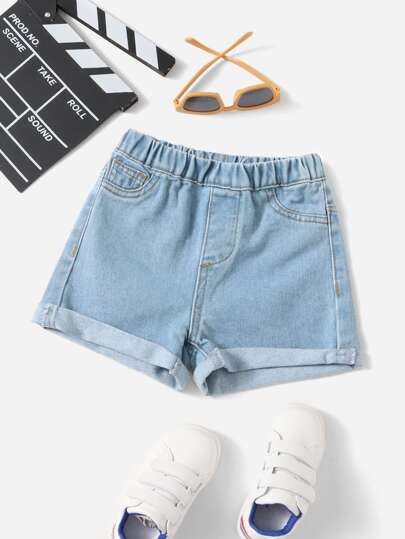 SHEIN Short En Jean Pour Jeune Fille À Ourlet Roulé À La Taille Élastique