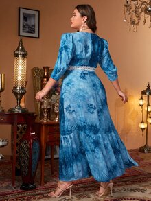 Modelyn Đầm Plus Size Tương phản ren Viên lá sen Cà vạt nhuộm Thanh lịch - Màu xanh lam - Xem 2