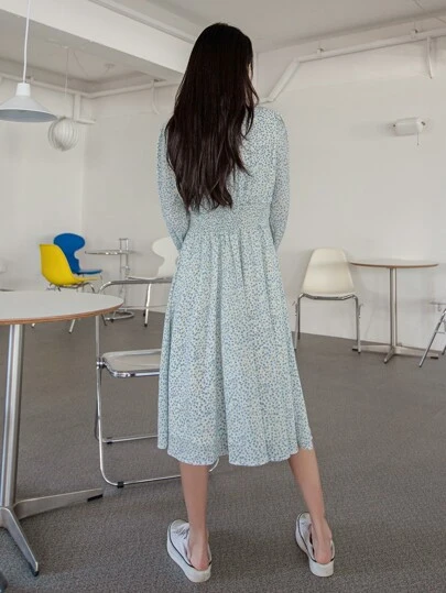 DAZY ディティ花柄プリント シャーリングカフ ランタンスリーブ ルーシュ ドレス