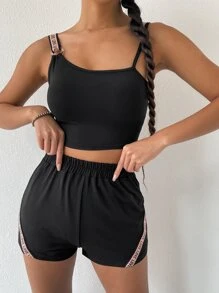 Bộ đồ hai mảnh nữ Ruy băng Lá thư Gợi cảm - màu đen - Xem 3