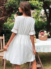 圓點蕾絲拼接拼接前打結洋裝 - 白色 - 查看 2