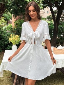 圓點蕾絲拼接拼接前打結洋裝 - 白色 - 查看 3