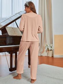 娃娃領荷葉袖上衣和褲子睡衣套裝 - 珊瑚粉 - 查看 2