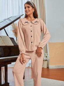 娃娃領荷葉袖上衣和褲子睡衣套裝 - 珊瑚粉 - 查看 4