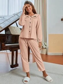 娃娃領荷葉袖上衣和褲子睡衣套裝 - 珊瑚粉 - 查看 5