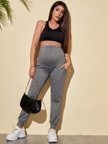 SHEIN 孕婦雜色針織寬腰帶束腳褲 - 灰色 - 查看 3