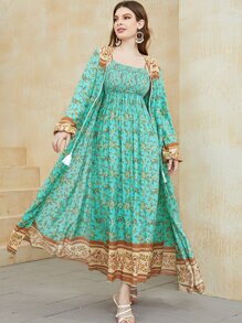 Mulvari 滿版印花打褶吊帶連衣裙和流蘇細節外套 - 綠色 - 查看 6