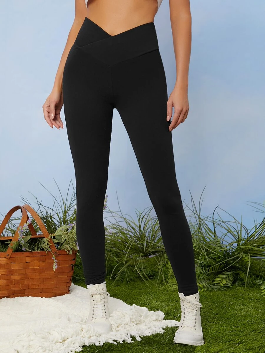 SHEIN EZwear 寬腰帶素色緊身打底褲 - 黑色 - 查看 1