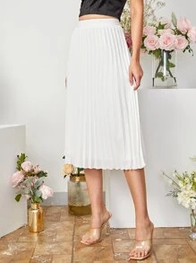 SHEIN Clasi Solid Pleated Skirt - White - View 3